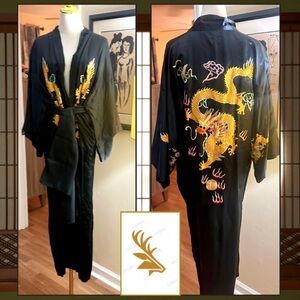 Vintage Golden Deer,Dragon Embroidered Kimono/ Robe- Unisex,Exquisite,Size Large